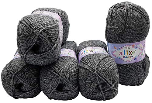 5 x 100g Strickwolle Alize Bebe einfarbig, 500 Gramm Wolle zum Stricken und Häkeln (grau 196) von Alize Sekerim Bebe