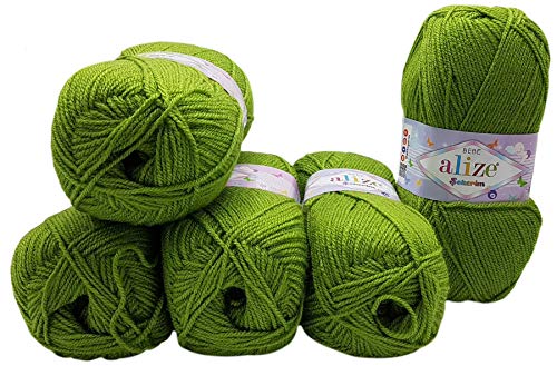 5 x 100g Strickwolle Alize Bebe einfarbig, 500 Gramm Wolle zum Stricken und Häkeln (grün 210) von Alize Sekerim Bebe