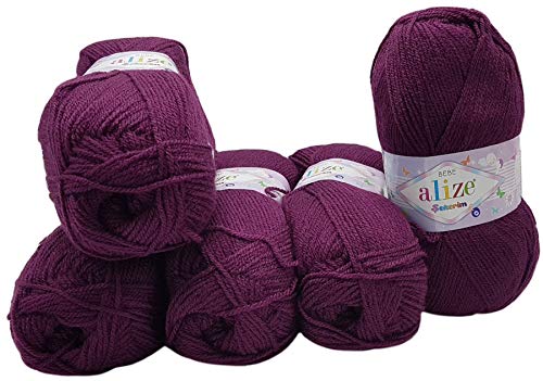 5 x 100g Strickwolle Alize Bebe einfarbig, 500 Gramm Wolle zum Stricken und Häkeln (lila 304) von Alize Sekerim Bebe