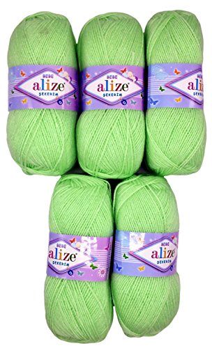 5 x 100g Strickwolle Alize Bebe einfarbig, 500 Gramm Wolle zum Stricken und Häkeln (lindgrün 188) von Alize Sekerim Bebe