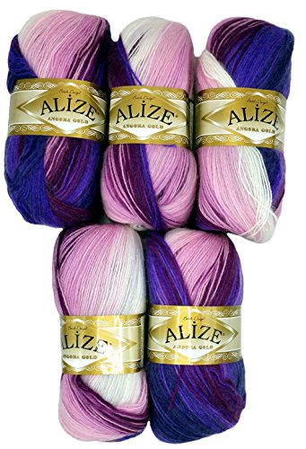 Alize 5 x 100 g Strickwolle mehrfarbig mit Farbverlauf, 500 Gramm Strickgarn mit 20% Wolle-Anteil (beere lila rosa weiß 2630) von Alize