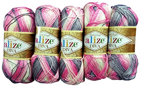 5 x 100 Gramm Alize Batik Wolle mehrfarbig mit Farbverlauf, 500 Gramm merzerisierte Strickwolle Microfiber-Acryl (rosa grau weiß 3245) von Alize