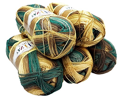 5 x 100 Gramm Alize Diva Batik Wolle mehrfarbig mit Farbverlauf, 500 Gramm merzerisierte Strickwolle Microfiber-Acryl (gold grün grau 3307) von Alize