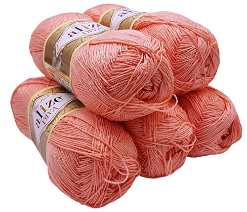 5 x 100 Gramm Wolle Diva Batik einfarbig, 500 Gramm merzerisierte Strickwolle microfiber-Acryl (apricot 145) von Alize