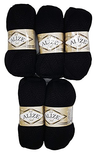 5 x 100 g Alize Glitzerwolle SAL zum Stricken und Häkeln, 500 Gramm Metallic – Wolle (schwarz 60) von Alize