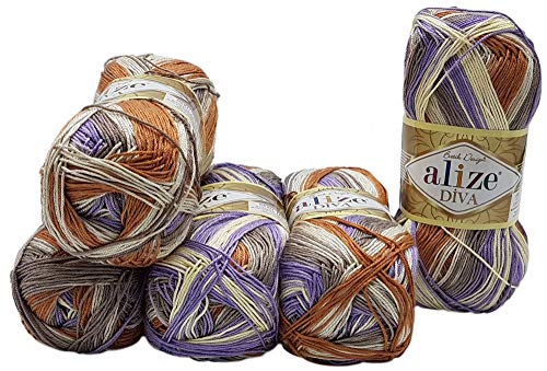 Alize 5 x 100 Gramm Diva Batik Wolle mehrfarbig mit Farbverlauf, 500 Gramm merzerisierte Strickwolle Microfiber-Acryl (braun flieder grau weiß 7391) von Alize