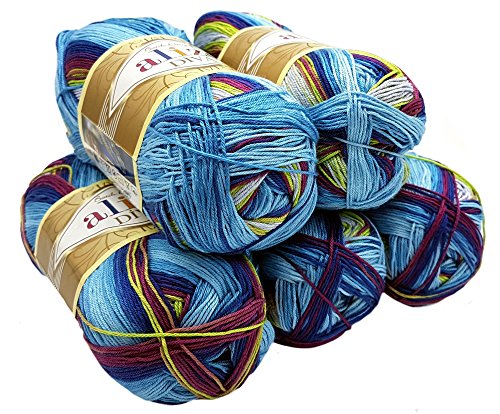 Alize 5 x 100 Gramm Diva Batik Wolle Mehrfarbig mit Farbverlauf, 500 Gramm merzerisierte Strickwolle Microfiber-Acryl (Beere blau gelb 6790) von Alize