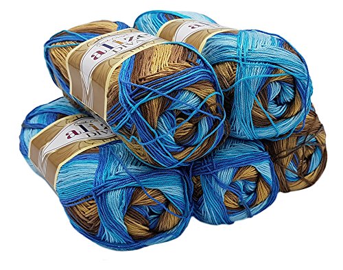 Alize 5 x 100 Gramm Diva Batik Wolle Mehrfarbig mit Farbverlauf, 500 Gramm merzerisierte Strickwolle Microfiber-Acryl (blau braun beige 3243) von Alize