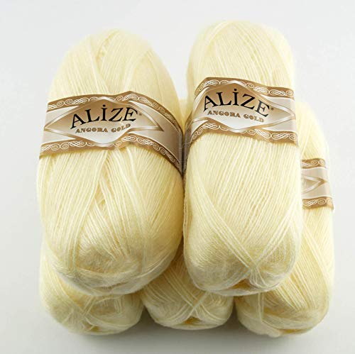 Alize 5 x 100 g Angora Gold Einfarbig 500 Gramm Wolle mit 20% Woll-Anteil Türkische Wolle Mohair (01) von Alize