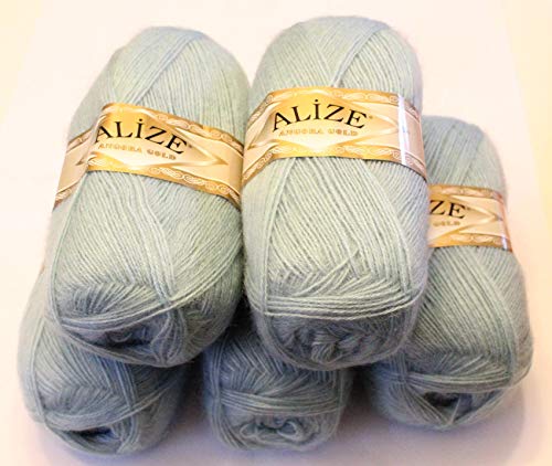 Alize 5 x 100 g Angora Gold Einfarbig 500 Gramm Wolle mit 20% Woll-Anteil Türkische Wolle Mohair (114) von Alize