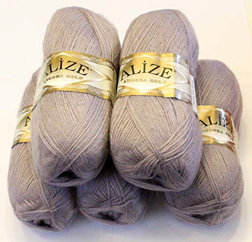 Alize 5 x 100 g Angora Gold Einfarbig 500 Gramm Wolle mit 20% Woll-Anteil Türkische Wolle Mohair (163) von Alize