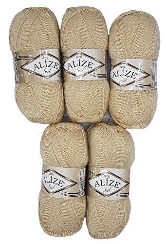 Alize 5 x 100 g Glitzerwolle SAL zum Stricken und Häkeln, 500 Gramm Metallic – Wolle (beige 67) von Alize