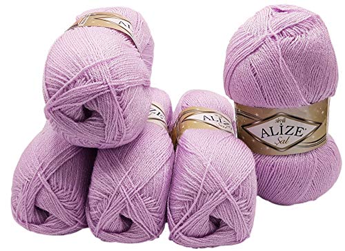 Alize 5 x 100 g Glitzerwolle SAL zum Stricken und Häkeln, 500 Gramm Metallic-Wolle (flieder 27) von Alize