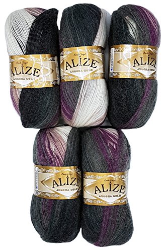 Alize 5 x 100 g Strickwolle mehrfarbig mit Farbverlauf, 500 Gramm Strickgarn mit 20% Wolle-Anteil (beere lila grau weiß 1986) von Alize