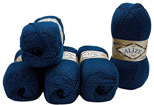 Alize 5 x 100g Glitzerwolle SAL zum Stricken und Häkeln, 500 Gramm Metallic-Wolle (Petrol 17) von Alize