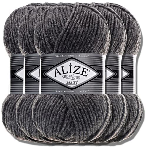 Alize 5 x 100g Superlana Maxi Türkische Premium Wolle Baumwolle und Acryl Uni Handstrickgarne | Yarn | Garn | Strickgarn Einfarbig Baby zum Häkeln Stricken Kleidung Schals (Medium Grey Melange |182) von Alize