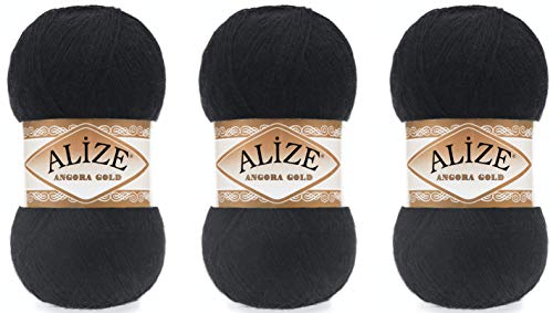 Alize Angora Gold Garn, 20 % Wolle, 80 % Acryl, 300 g, 1805 Yds Faden, Häkelspitze, Handstrickgarn, türkisches Garn (60-Schwarz) von Alize