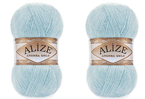 Alize Angora Gold Garn, 20 % Wolle, 80 % Acryl, weiches Garn, Häkeln, Lot von 2 Stück, 200 g, 1204 Yds Lace-Handstrickgarn, türkisches Garn (114 Hellblau) von Alize