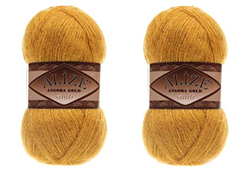 Alize Angora Gold Simli 5% Metallic, 20% Wolle, 75% Acryl, 2 Knäuel, 200 g, 1100 Yds Garn, Häkelspitze, Handstricken, türkisches Garn (2 Safran) von Alize