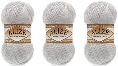 Alize Angora Goldgarn, 20 % Wolle, 80 % Acryl, 3 Skn, 300 g, 1805 Yds Faden, Häkelspitze, Handstricken, türkisches Garn (208-Hellgrau Melange) von Alize