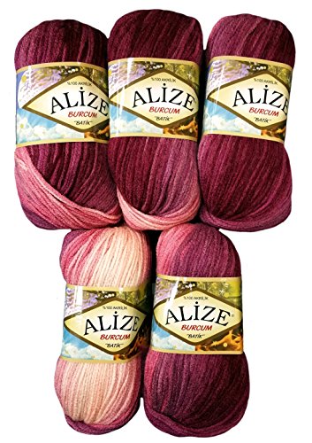 Alize Burcum Batik 5 x 100 Gramm Wolle Mehrfarbig mit Farbverlauf, 500 Gramm Strickwolle (Beere rosa lila 1895) von Alize Burcum Batik