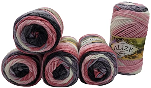 Alize Burcum Batik 5 x 100 Gramm Wolle Mehrfarbig mit Farbverlauf, 500 Gramm Strickwolle (dunkelblau lila rosa u.a. 1602) von Alize