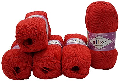 Alize Cotton gold 5 x 100g Strickwolle 55% Baumwolle, 500 Gramm Wolle einfarbig (rot 56) von Alize