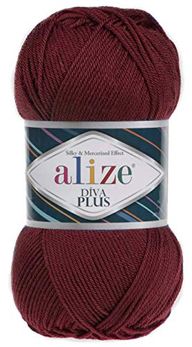 Alize Diva Plus Häkelgarn, 100 % Mikrofaser, Acryl, Seide, merzerisiert, 3 DK & leichtes Kammgarn, 4 Knäuel, 400 g, Farbe 57 – Bordeauxfarben von Alize