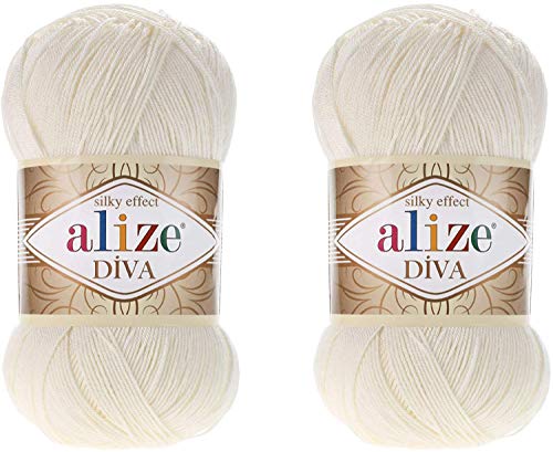 Alize Diva Seidiger Effekt, 100 % Mikrofaser-Acrylgarn, Garn, Häkelkunst, Spitze, Basteln, 2 Knäuel, 200 g, 62 Stück von Alize