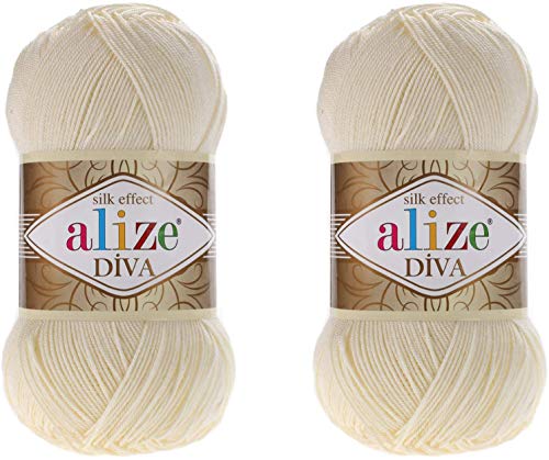 Alize Diva Seidiger Effekt, 100 % Mikrofaser-Acrylgarn, Garn, Häkelkunst, Spitze, Basteln, 2 Knäuel, 200 g, 760 m, Handstrickgarn (1) von Alize