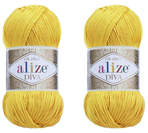 Alize Diva Yarn Handstrickgarn, 100 % Mikrofaser-Acrylgarn, Alize Diva, Seiden-Effekt, Häkelgarn, Kunst, Spitze, Basteln, 2 Knäuel, 200 g, 110-gelb, 2 Knäuel von Alize