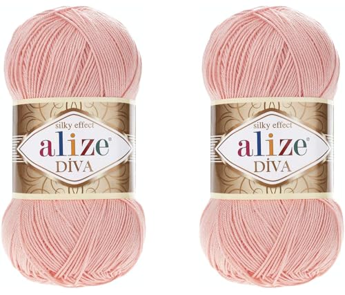 Alize Diva Yarn Handstrickgarn, 100 % Mikrofaser-Acrylgarn, Alize Diva, Seiden-Effekt, Häkelgarn, Kunst, Spitze, Basteln, 2 Knäuel, 200 g, 145 Yds (145 Puder) von Alize