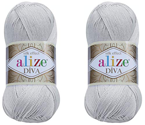 Alize Diva Yarn Handstrickgarn, 100 % Mikrofaser-Acrylgarn, Alize Diva, Seiden-Effekt, Häkelgarn, Kunst, Spitze, Basteln, 2 Knäuel, 200 g, 168 hellgrau von Alize