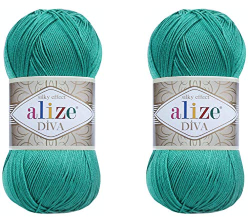 Alize Diva Yarn Handstrickgarn, 100 % Mikrofaser-Acrylgarn, Alize Diva, Seiden-Effekt, Häkelgarn, Kunst, Spitze, Basteln, 2 Knäuel, 200 g, 610-Jade) von Alize