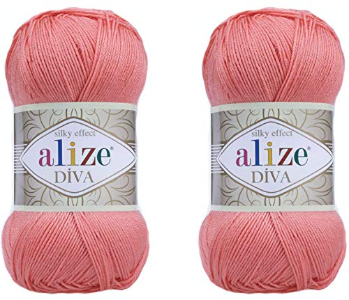 Alize Diva Yarn Handstrickgarn, 100 % Mikrofaser-Acrylgarn, Alize Diva, Seiden-Effekt, Häkelgarn, Kunst, Spitze, Basteln, 2 Knäuel, 200 g, 619 Korallenrot von Alize