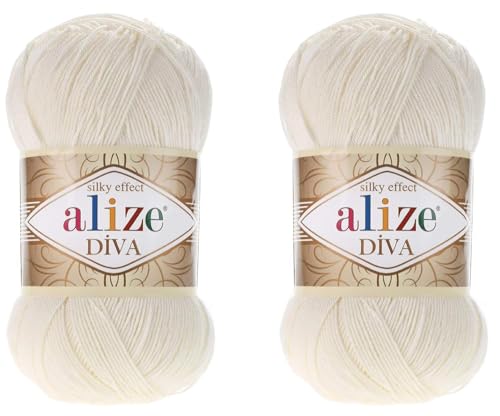 Alize Diva Yarn Handstrickgarn, 100 % Mikrofaser-Acrylgarn, Alize Diva, Seiden-Effekt, Häkelgarn, Kunst, Spitze, Basteln, 2 Knäuel, 200 g, 62 helle Cremefarben von Alize