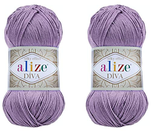 Alize Diva Yarn Handstrickgarn, 100 % Mikrofaser-Acrylgarn, Alize Diva, Seiden-Effekt, Häkelgarn, Kunst, Spitze, Basteln, 2 Knäuel, 200 g, 622-violett. von Alize