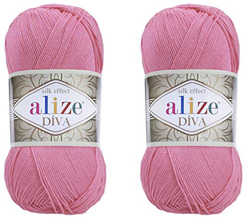 Alize Diva Yarn Handstrickgarn, 100 % Mikrofaser-Acrylgarn, Alize Diva, Seiden-Effekt, Häkelgarn, Kunst, Spitze, Basteln, 2 Knäuel, 200 g, 760 Yds (178-dunkelrosa) von Alize