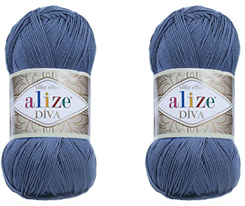 Alize Diva Yarn Handstrickgarn, 100 % Mikrofaser-Acrylgarn, Alize Diva, Seiden-Effekt, Häkelgarn, Kunst, Spitze, Basteln, 2 Knäuel, 200 g, 760 Yds (353-Indigo) von Alize