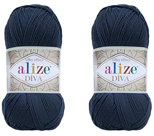 Alize Diva Yarn Handstrickgarn, 100 % Mikrofaser-Acrylgarn, Alize Diva, Seiden-Effekt, Häkelgarn, Kunst, Spitze, Basteln, 2 Knäuel, 200 g, 760 Yds (361-Navy) von Alize