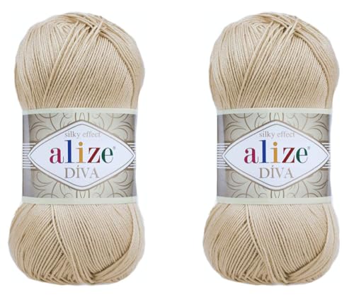 Alize Diva Yarn Handstrickgarn, 100 % Mikrofaser-Acrylgarn, Alize Diva, Seiden-Effekt, Häkelgarn, Kunst, Spitze, Basteln, 2 Knäuel, 200 g, 760 Yds (368 kamel) von Alize