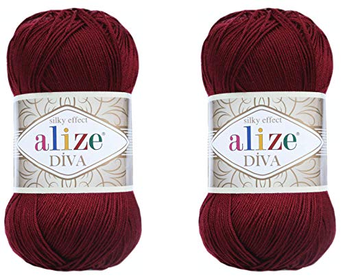 Alize Diva Yarn Handstrickgarn, 100 % Mikrofaser-Acrylgarn, Alize Diva, Seiden-Effekt, Häkelgarn, Kunst, Spitze, Basteln, 2 Knäuel, 200 g, 760 Yds (57 Bordeaux) von Alize