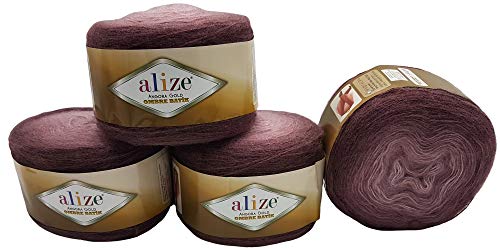 Angora gold Ombre 4 x 150 g Alize Strickwolle Farbverlauf, 600 Gramm Strickgarn mit 20% Wolle-Anteil, Farbverlufswolle (Beere 7295) von Alize