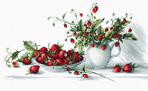 AllAboutEmbroideryUA Kreuzstich-Set, Motiv: Stillleben mit Erdbeeren, Luca-s B2277, Beeren-Kreuzstich-Set, Küchen-Nadelspitze, X-Stich von AllAboutEmbroideryUA