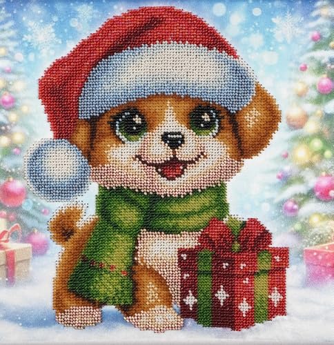 AllAboutEmbroideryUA Perlenstickerei-Set "Christmas Puppy DA-1104" mit Perlen, Kreuzstich, Weihnachten, Perlenstickerei, Handarbeitsset von AllAboutEmbroideryUA