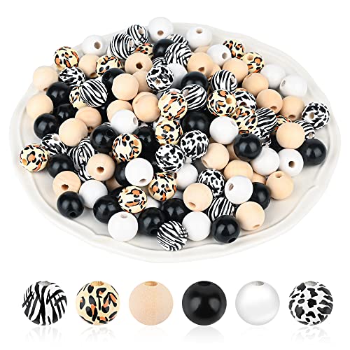 240 Stück Leopard Kuh Zebra Holzperlen Set 16 mm schwarz-weiß Landschaft Holzperlen Personalisierte Wildtier-Print Runde Bastelperlen Schmuckherstellung von AllReal