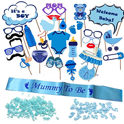 30 Stück Babyparty Fotorequisiten Junge, Allazone Baby Shower Fotoaccessoires, Mummy to Be Satin Schärpe Babyparty Baby Shower Masken Foto Booth Props fur Baby Party (Blau) von Allazone