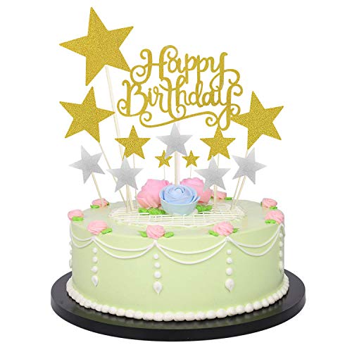 Allazone 1 Stück Gold Happy Birthday Cake Topper Gold Geburtstagstorte Dekoration und 12 Stück Pentacle Stars Cake Topper Dekoration für Party Dekoration von Allazone