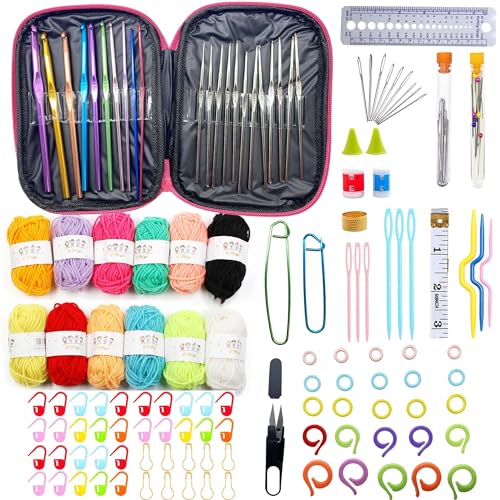 Allazone 122 PCS Häkel-Anfänger-Set, Häkel-Starter-Set, Häkelsets für Anfänger, Erwachsene, Kinder, Wolle und Zubehör, Strickset mit Nadeln und Etui, Geschenkset (Style A) von Allazone