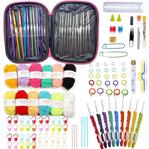 Allazone 131 PCS Häkel-Anfänger-Set, Häkel-Starter-Set, Häkelsets für Anfänger, Erwachsene, Kinder, Wolle und Zubehör, Strickset mit Nadeln und Etui, Geschenkset (Style B) von Allazone